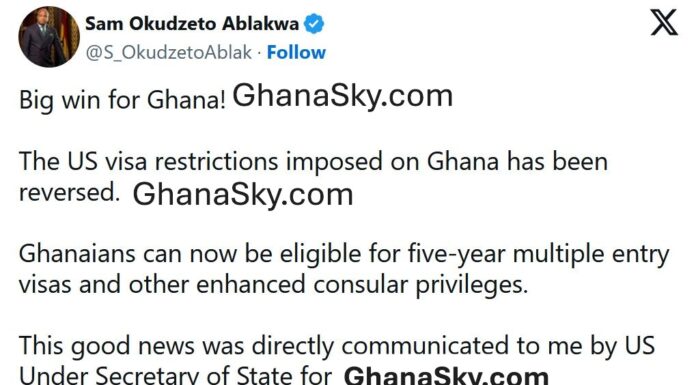 Ghana Foreign Affairs Minister, Samuel Okudzeto Ablakwa, USA visa restrictions removed