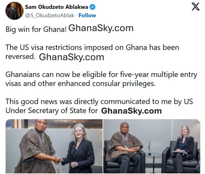 Ghana Foreign Affairs Minister, Samuel Okudzeto Ablakwa, USA visa restrictions removed
