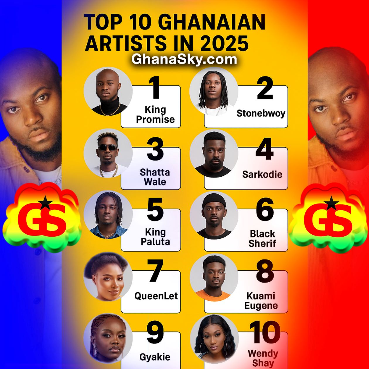 King Promise, Stonebwoy, Shatta Wale, Sarkodie, Black Sherif, Wendy Shay, Gyakie, QueenLet, Kuami Eugene, King Paluta