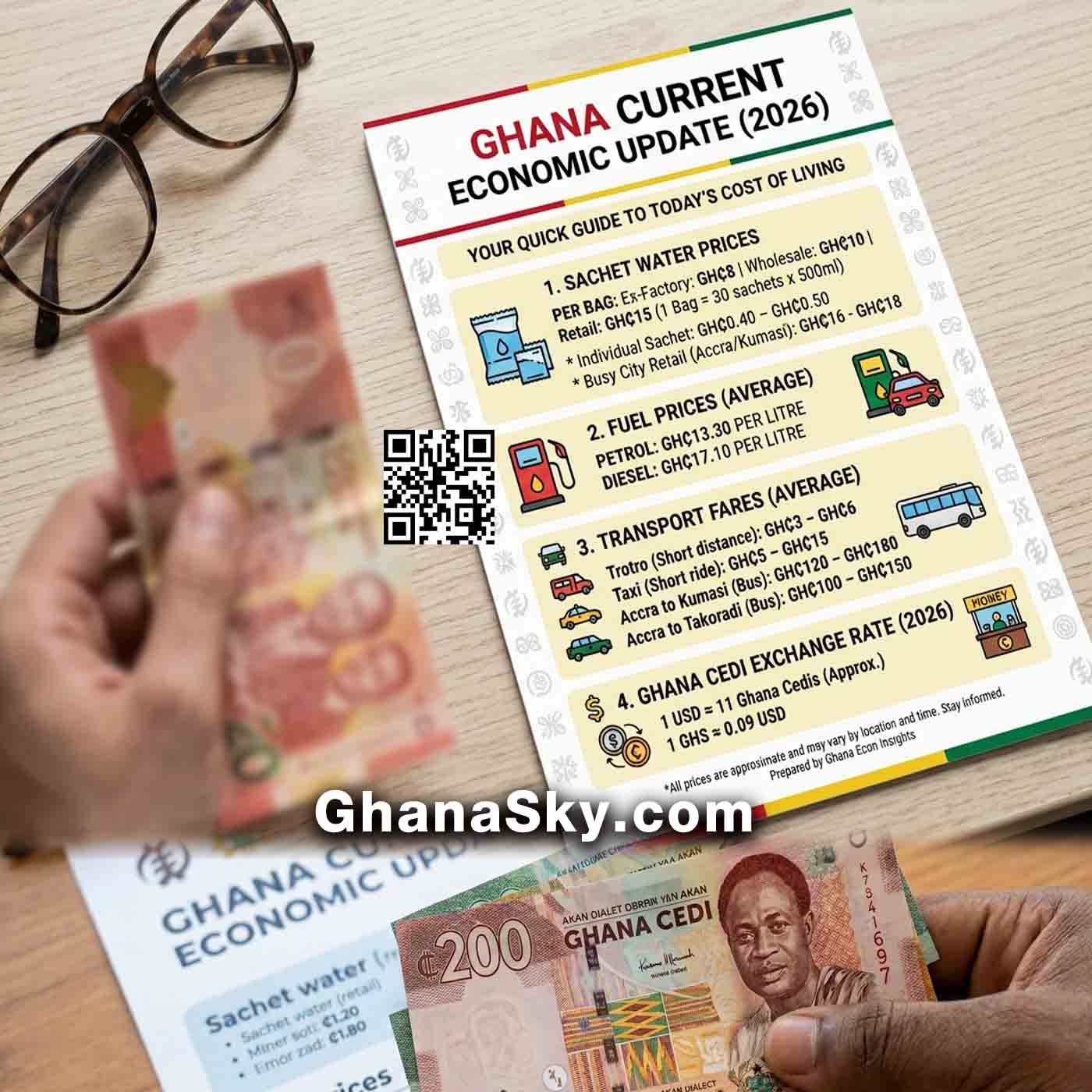 Exchange Rate, Sachet Water Price in Ghana, Ghana Fuel Prices, Transport Fares.